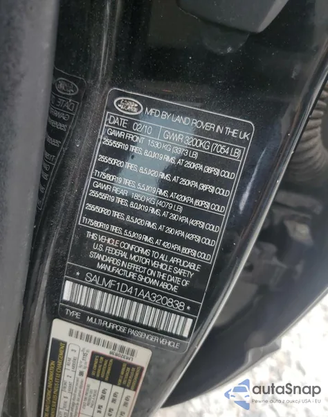 2010 Land Rover Range Rover Hse Luxury z USA, uszkodzony, nr VIN SALMF1D41AA320838